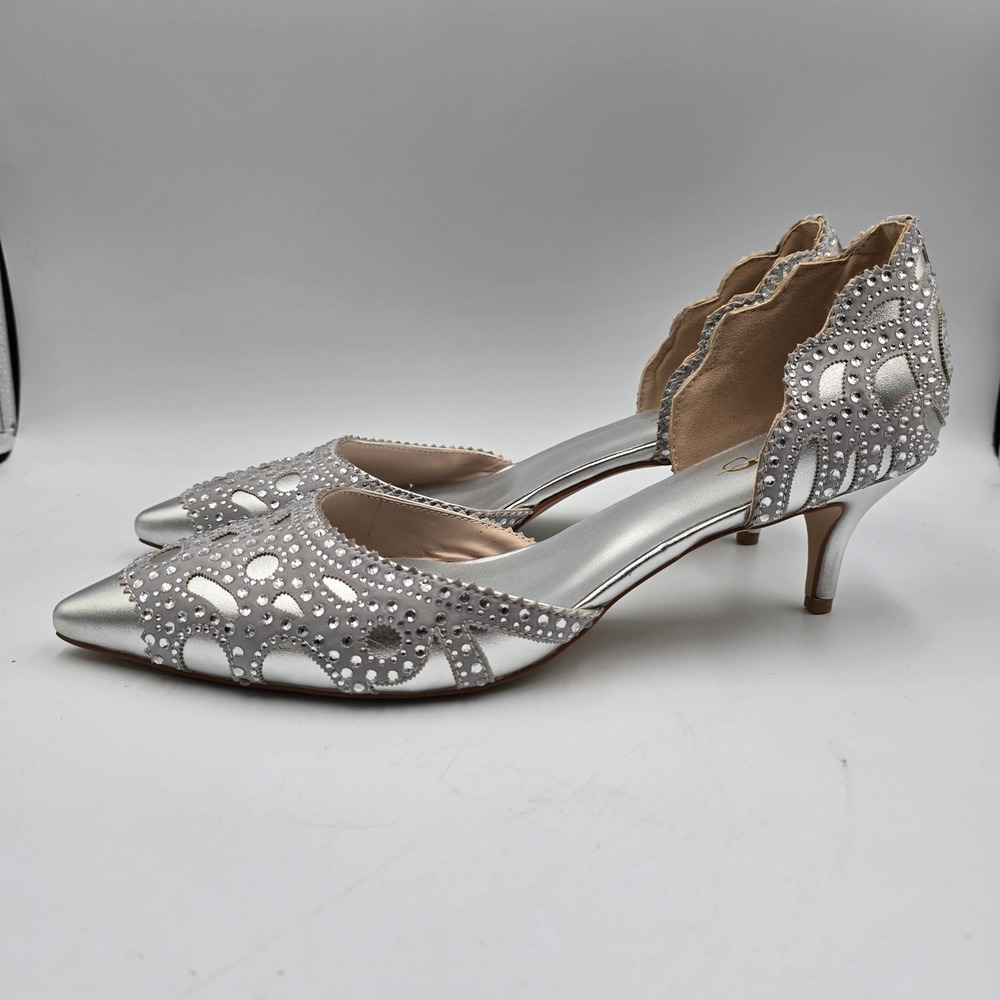 XYD Heels Women 14 D'Orsay Kitten Silver Rhinestone Laser Cut Scalloped Big Girl
